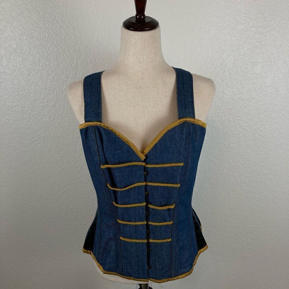Corset Story Denim Military Shoulder Strap Corset‎ 42” Blue & Gold Lace Up NEW